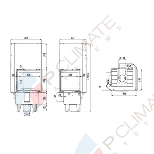 Топка DEFRO HOME INTRA XSM BL MINI G, 8 кВт, 519/478/430мм, угловое стекло слева, гильотина