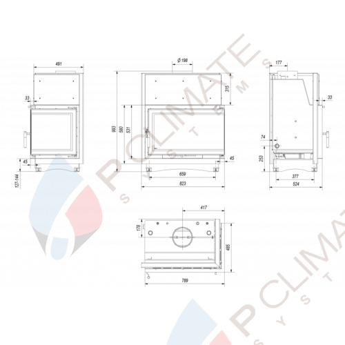 Топка с водяным контуром Oliwia/PW/BP/22/BS/W/DECO, Г-образное стекло справа, змеевик